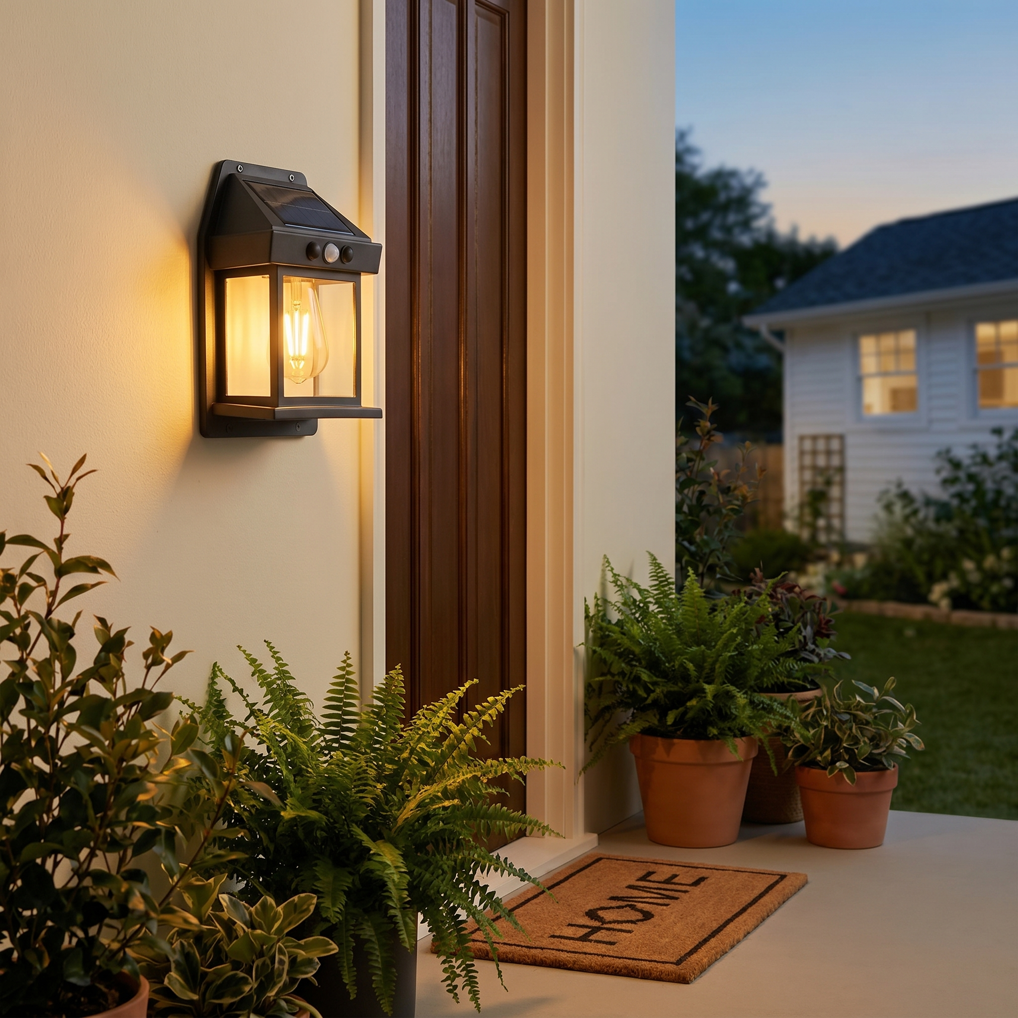Wall light mounted by a front porch