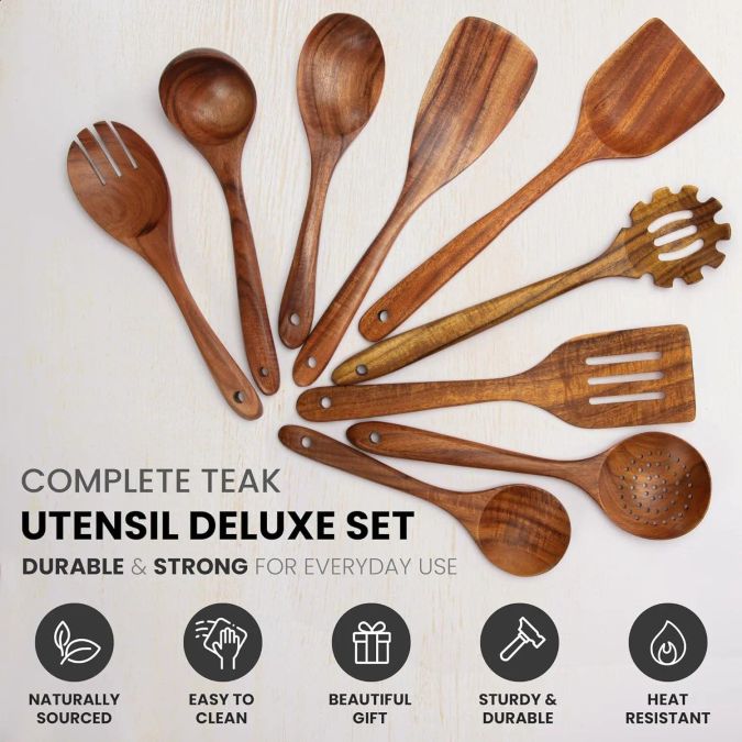 Teak utensil set fanned out, ready to gift
