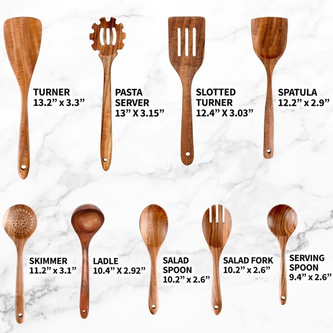 Nine teak utensils laid out with names and sizes
