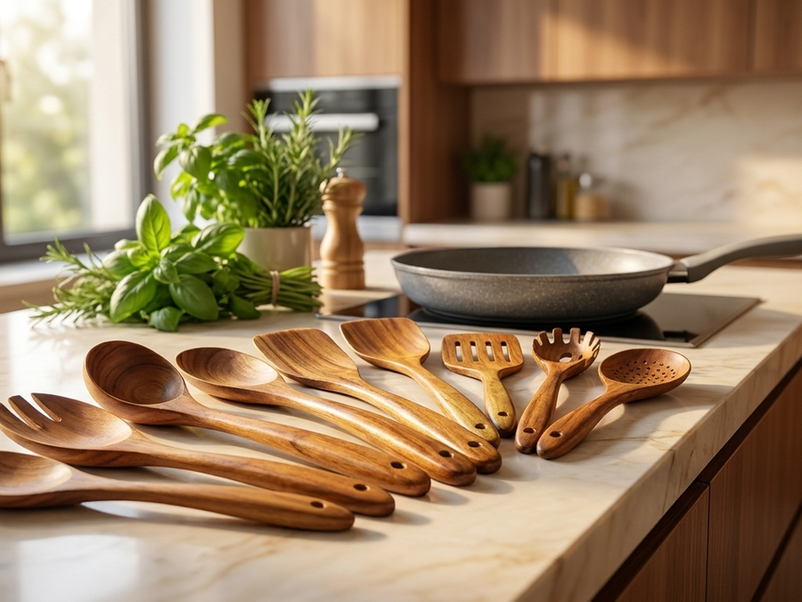 Teak utensils beside a nonstick pan on the stove