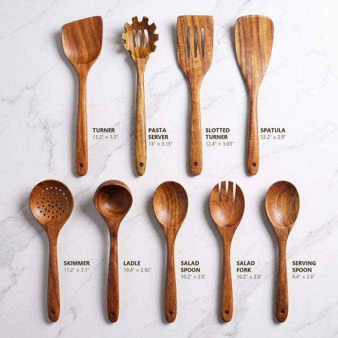 Nine teak utensils laid out with names and sizes