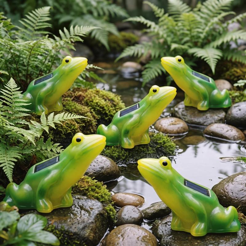 Glowing frogs at the edge of a pond