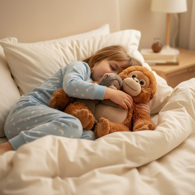Mama Punch Monkey plush in lifestyle setting on bed