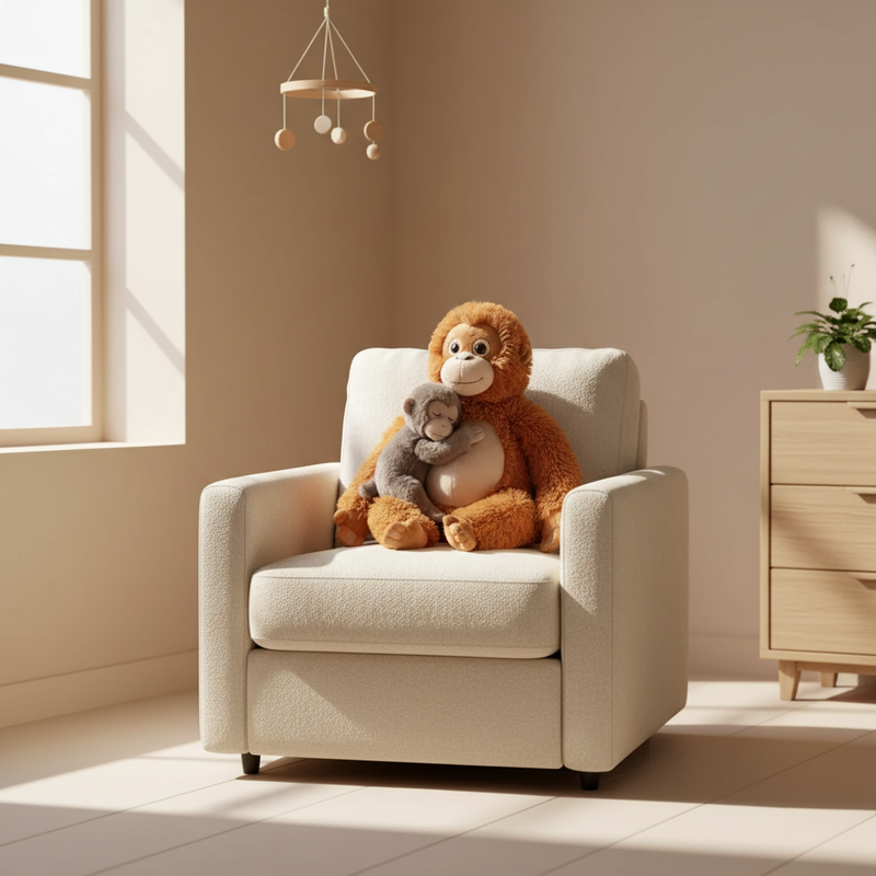 Mama Punch Monkey plush being cuddled by a child