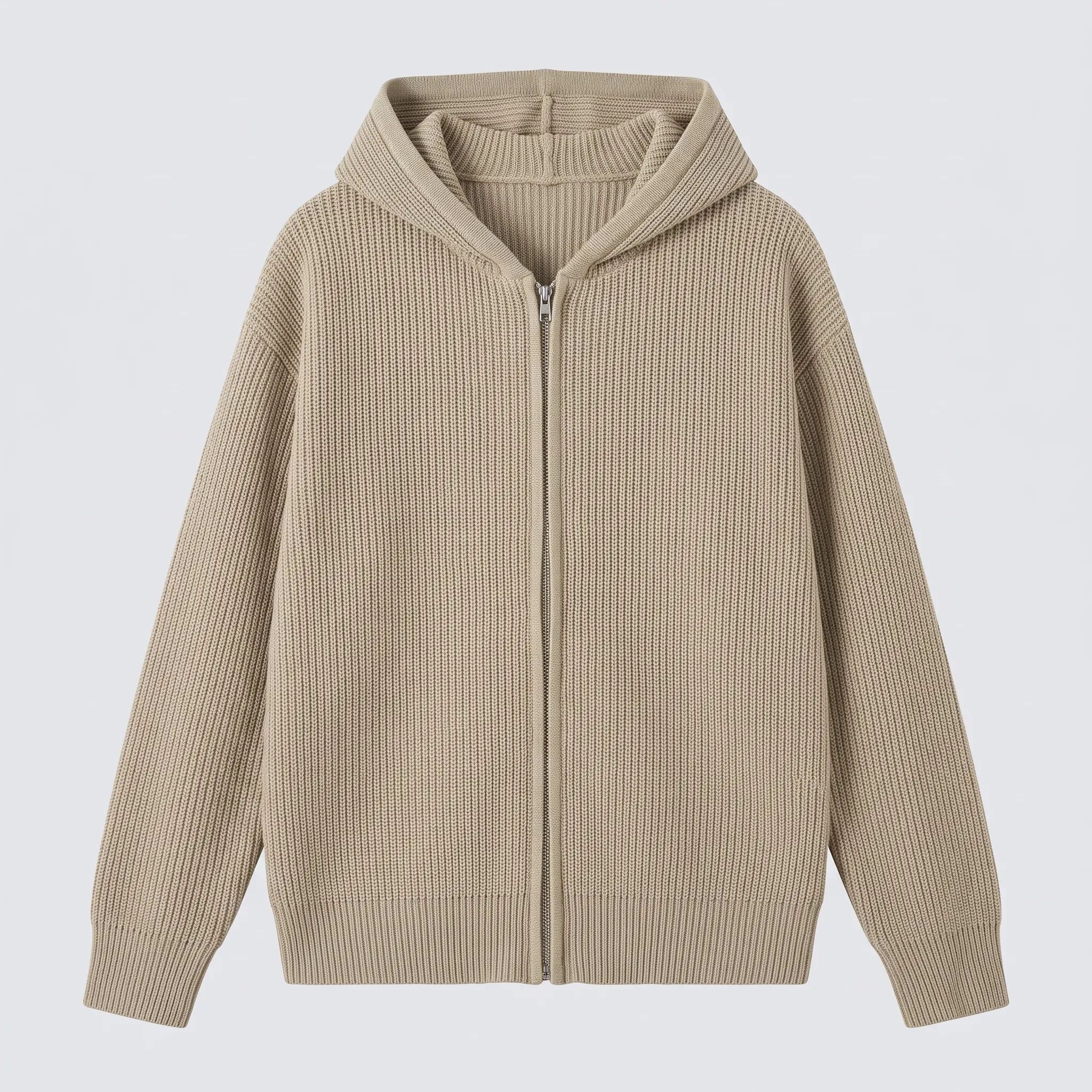Zip-up hooded cardigan in khaki, front