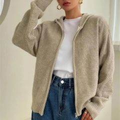 Zip-up hooded cardigan in khaki, front