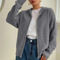 Zip-up hooded cardigan in grey, front