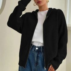 Zip-up hooded cardigan in black, front
