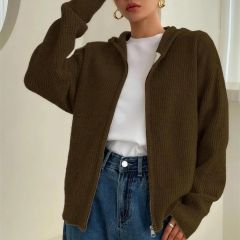 Zip-up hooded cardigan in olive brown, front