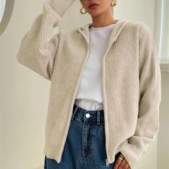 Zip-up hooded cardigan in apricot, front