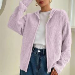 Zip-up hooded cardigan in mauve, front