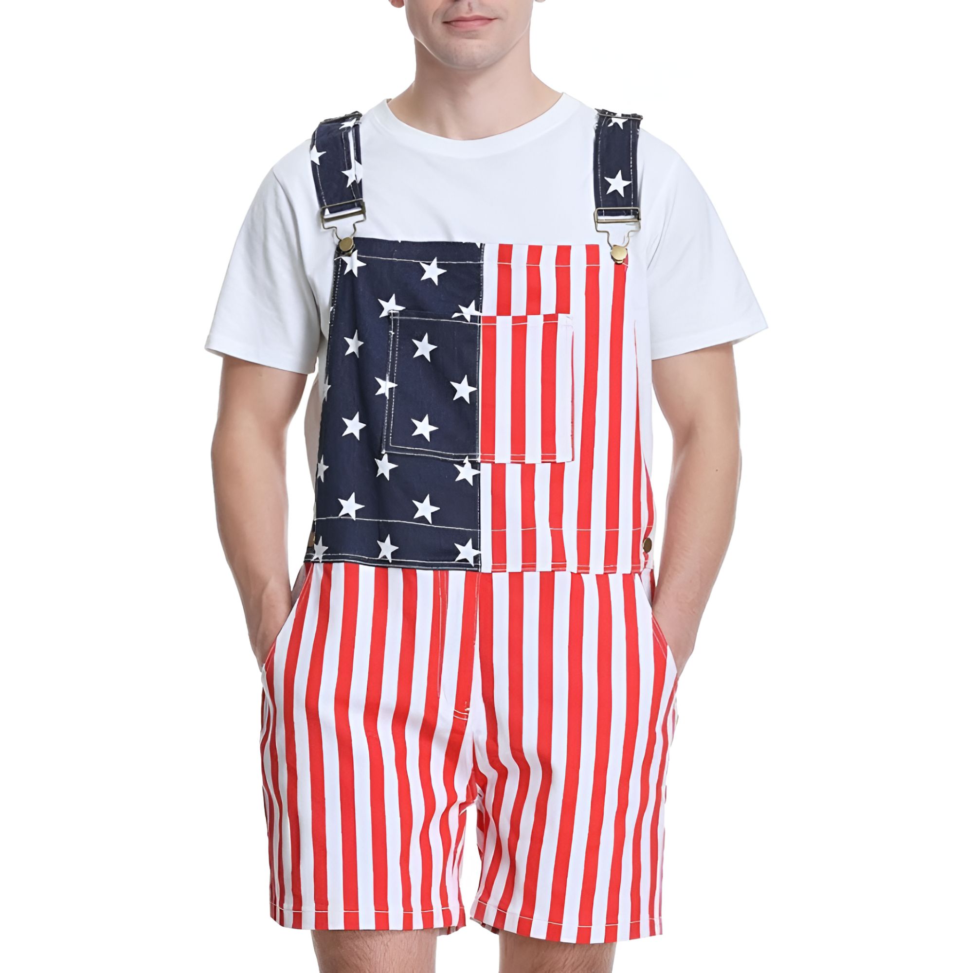 Patriotic American flag denim bib overalls front view