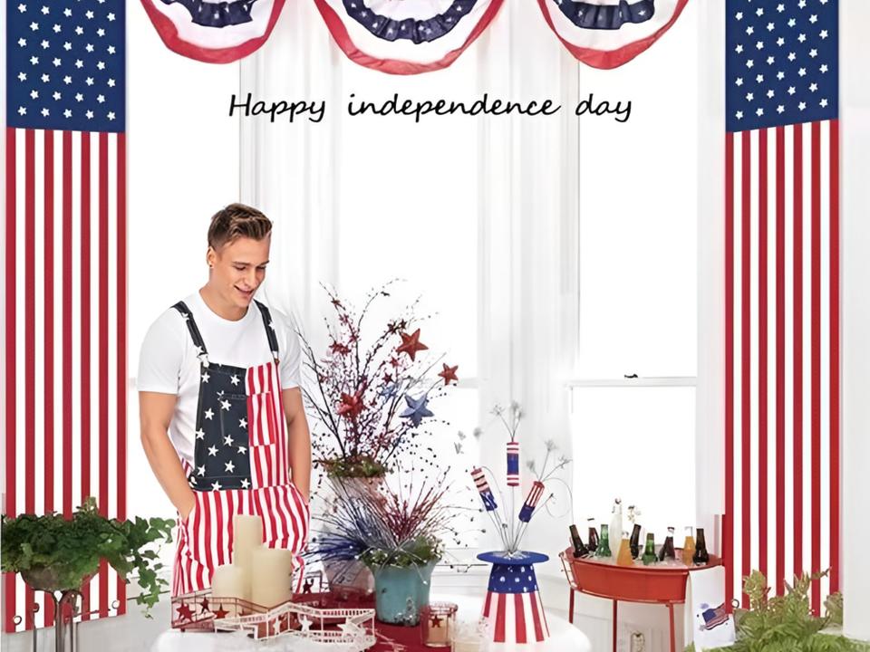 American flag denim overalls detail of straps and bib