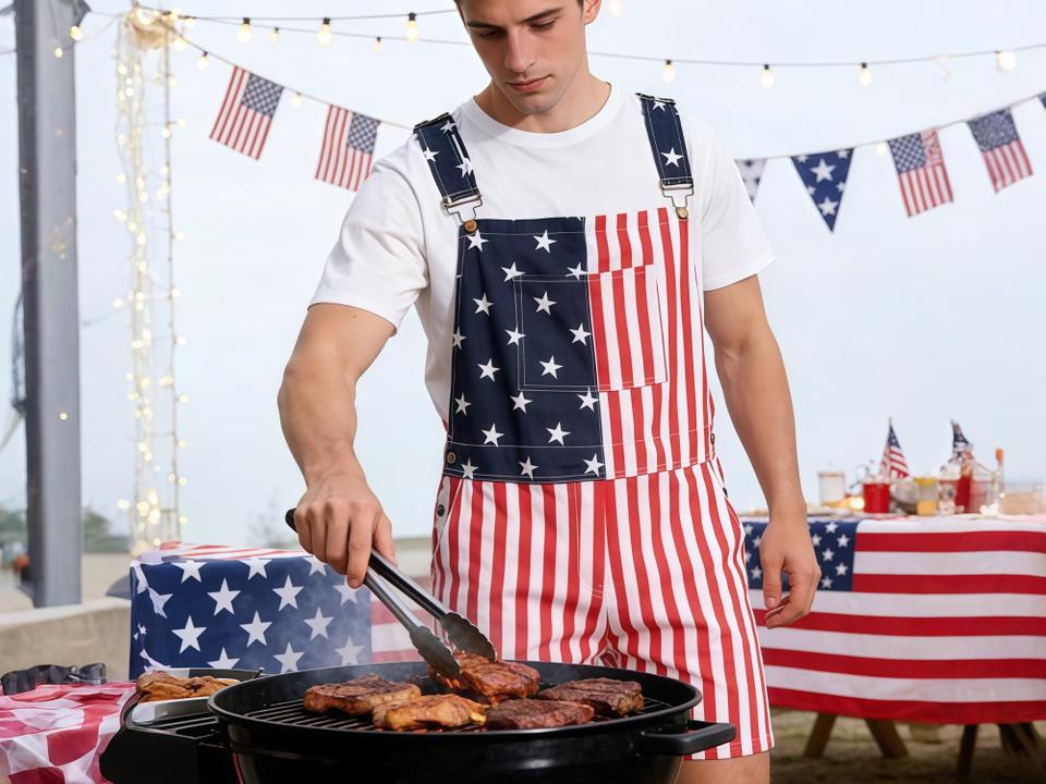 American flag overalls showing pockets and zipper closure