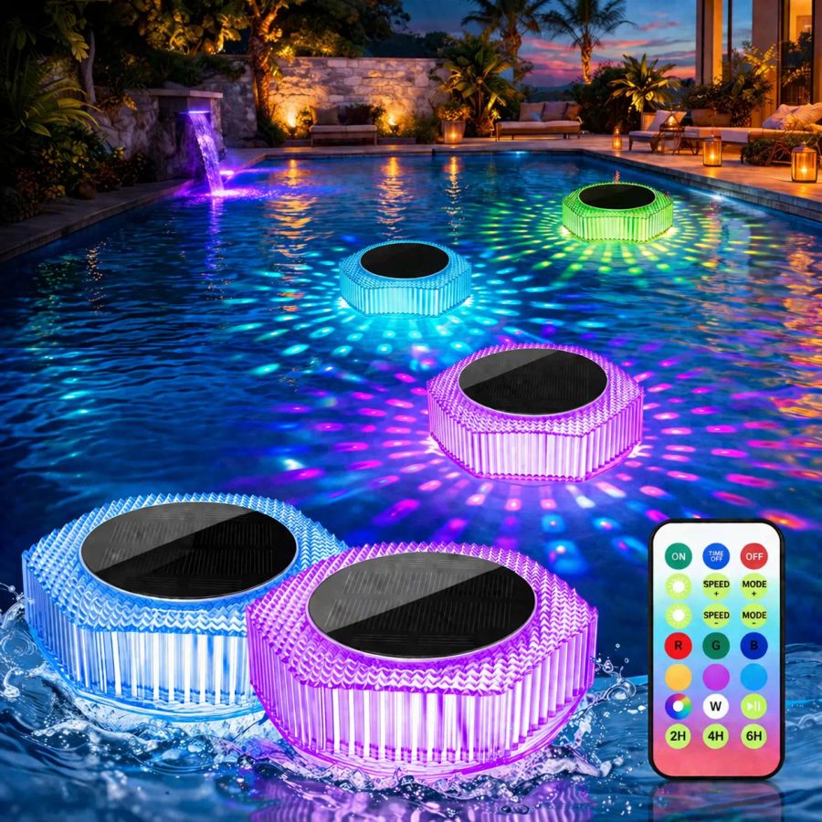 Solar floating RGB pool lights glowing cyan, magenta and green on a luxury pool at dusk with remote