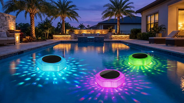 Rainbow light patterns across a pool at dusk