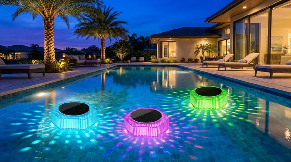 Pool glowing in multiple colors from floating lights