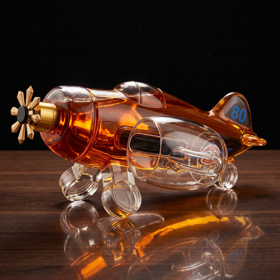 Aircraft whiskey decanter filled with whiskey, studio view