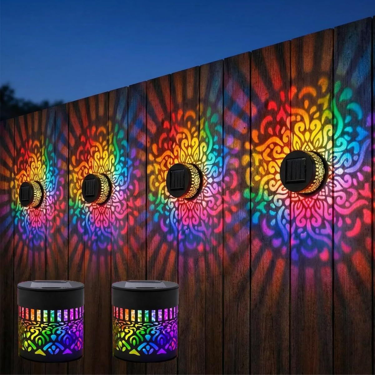 Mandala lights along a wood fence with two units in front