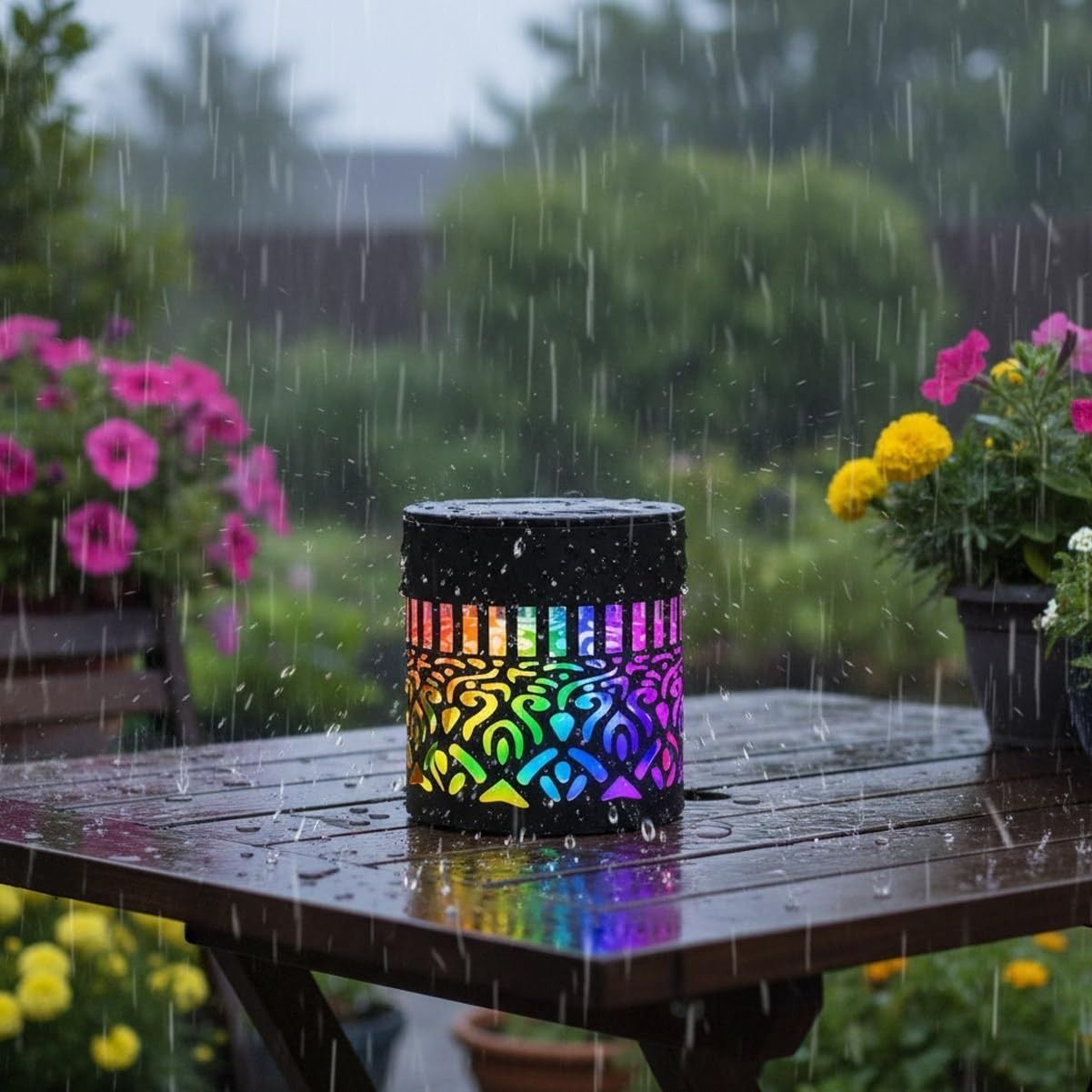 Mandala light in the rain showing waterproofing