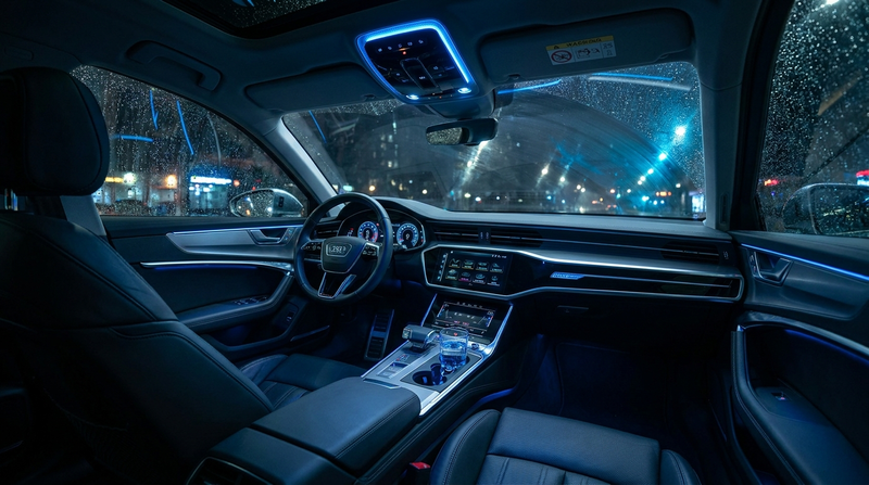 Car interior glowing cool blue at night