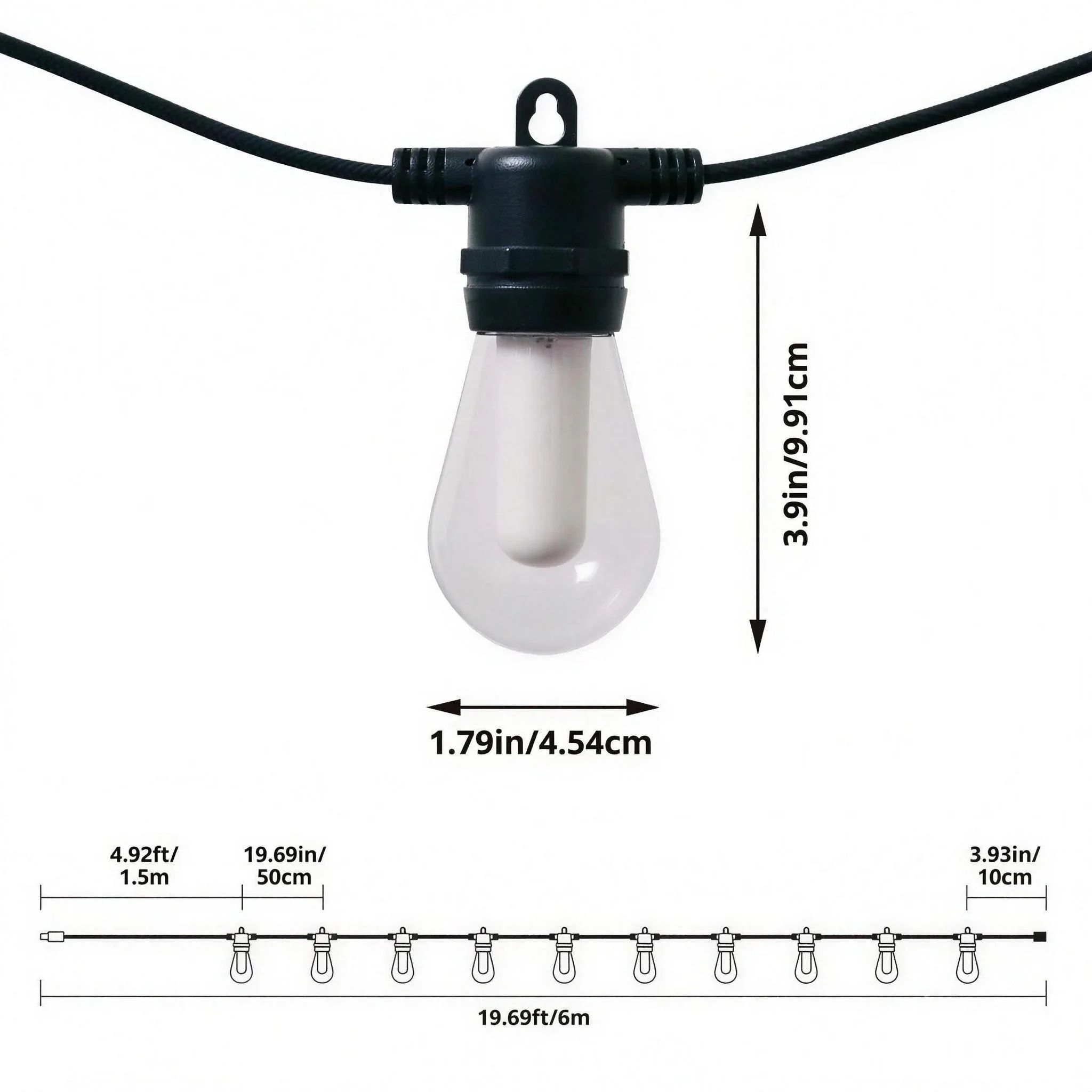 Dimensions: 19.69ft / 6m strand, 10 bulbs, 50cm bulb spacing