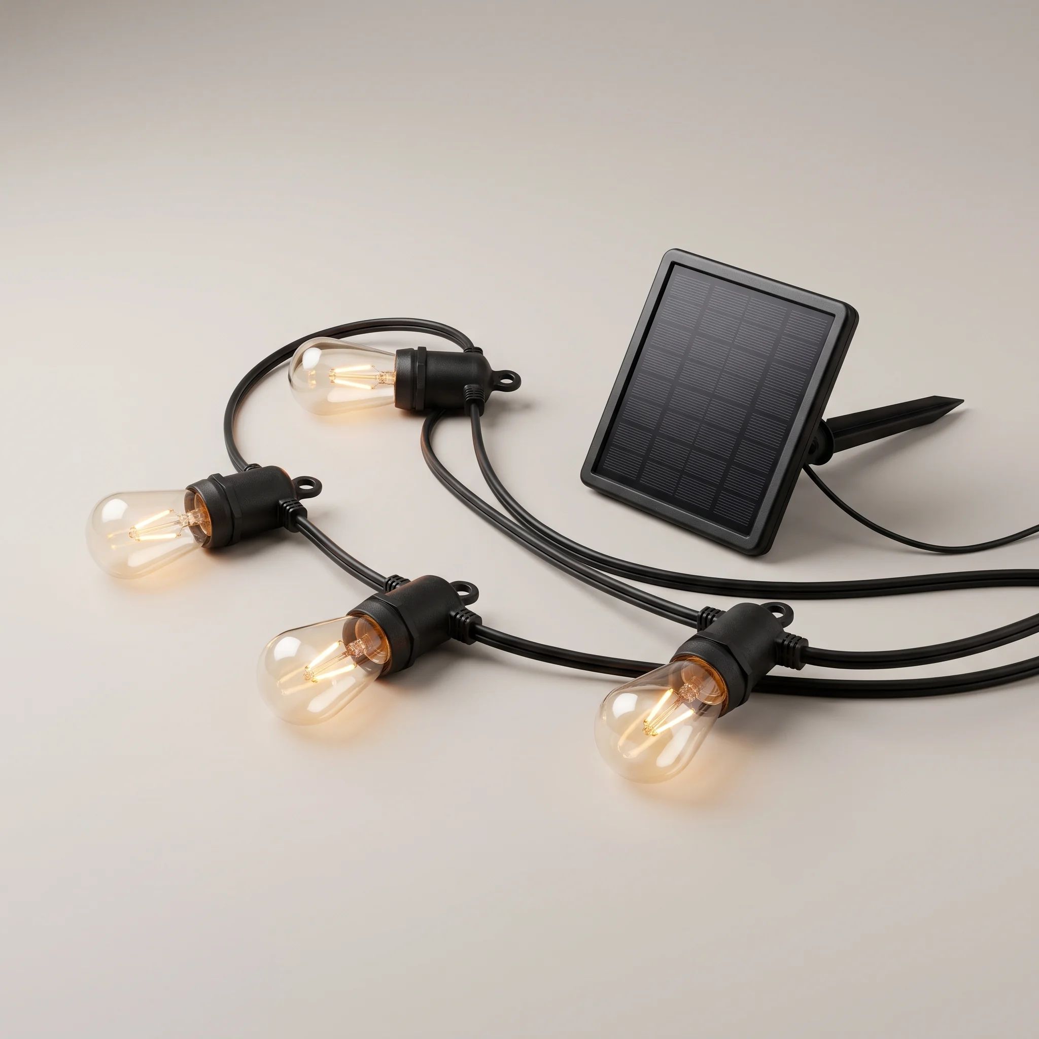 Solar string light strand with its solar panel and ground stake