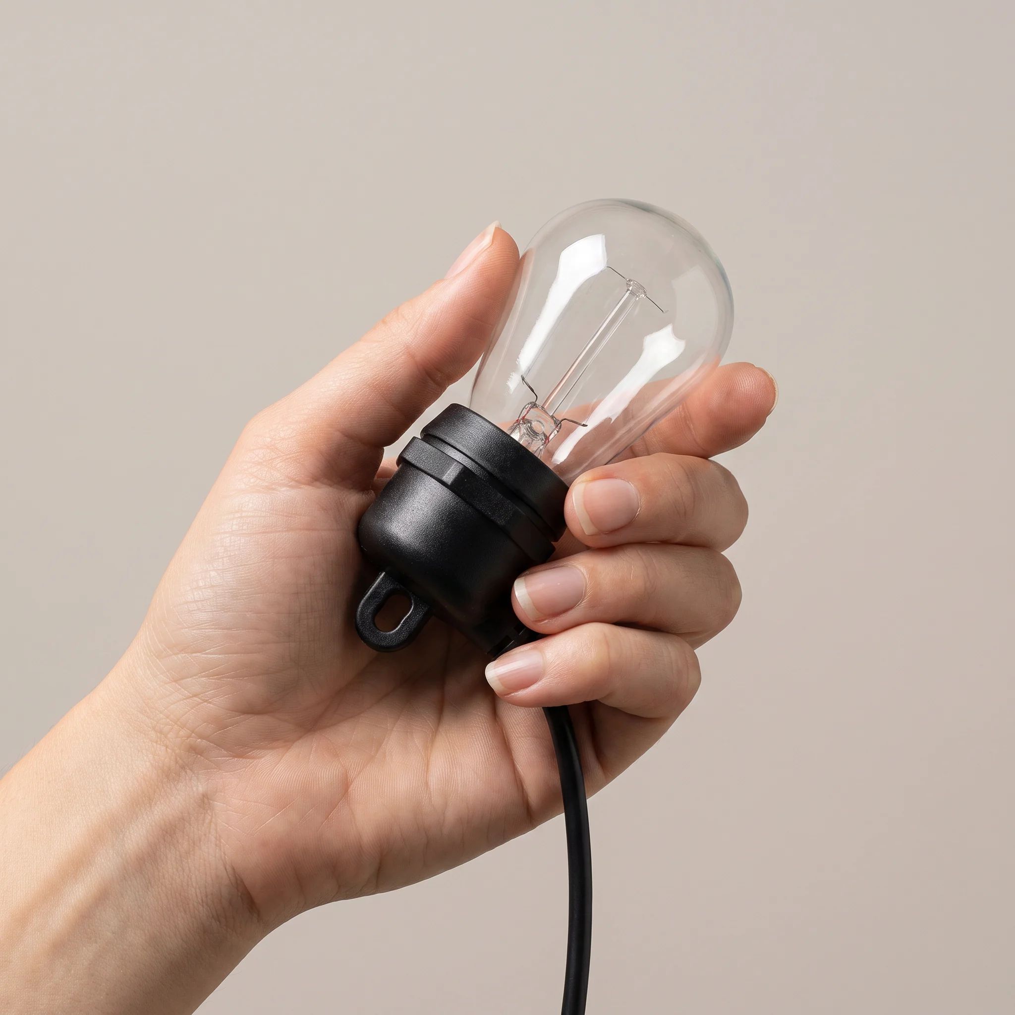 Adult hand holding one bulb and socket to show its real size