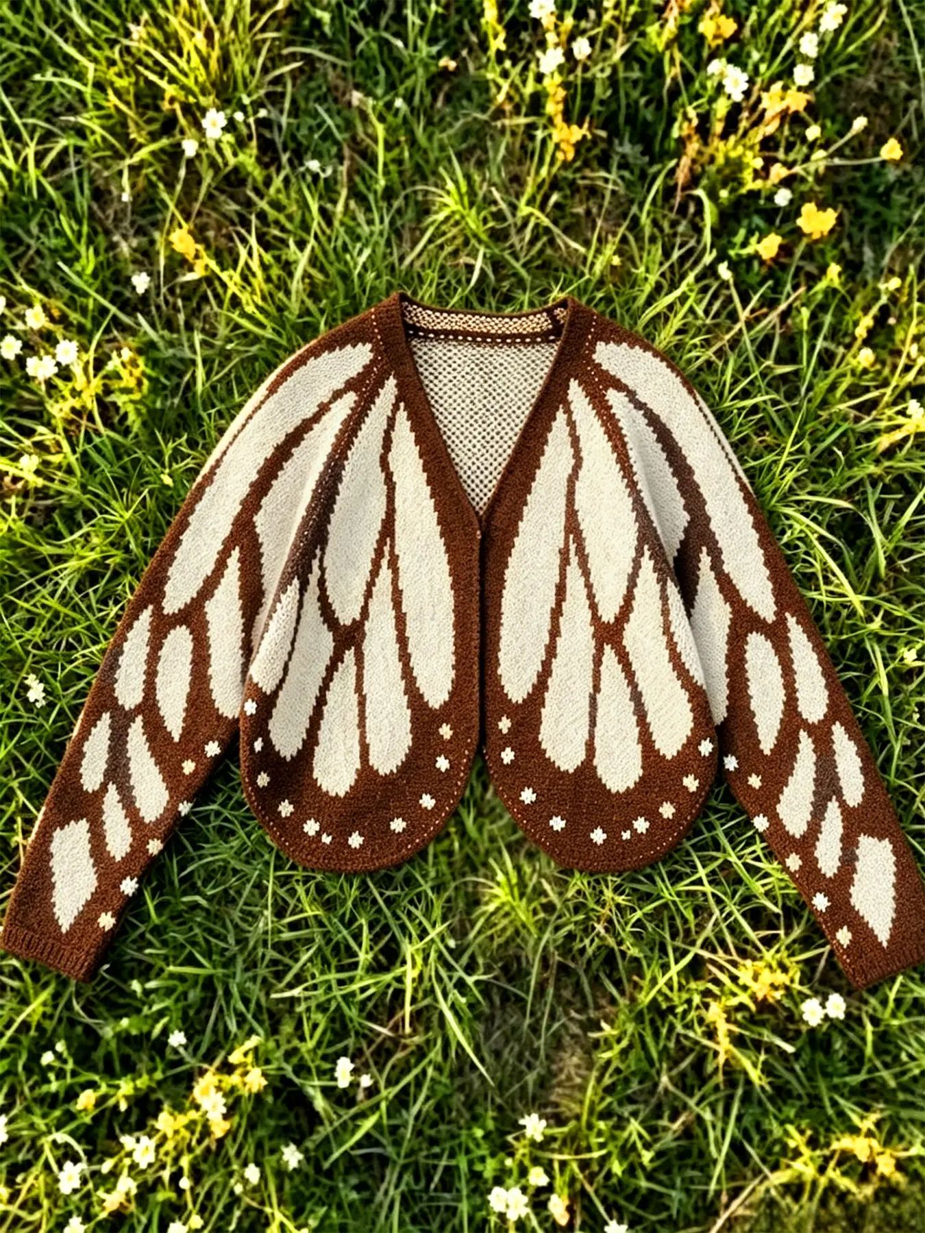 The apricot cream butterfly wing cardigan laid flat on grass
