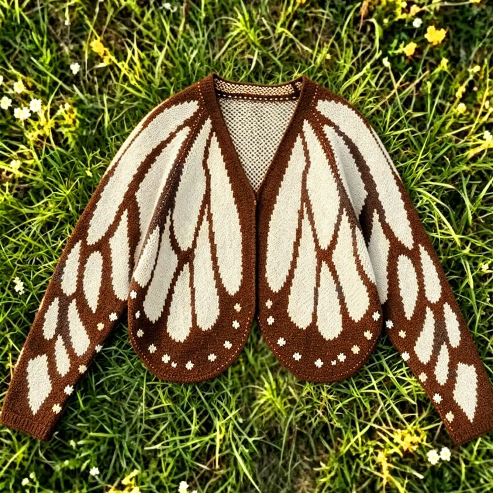 The apricot cream butterfly wing cardigan laid flat on grass