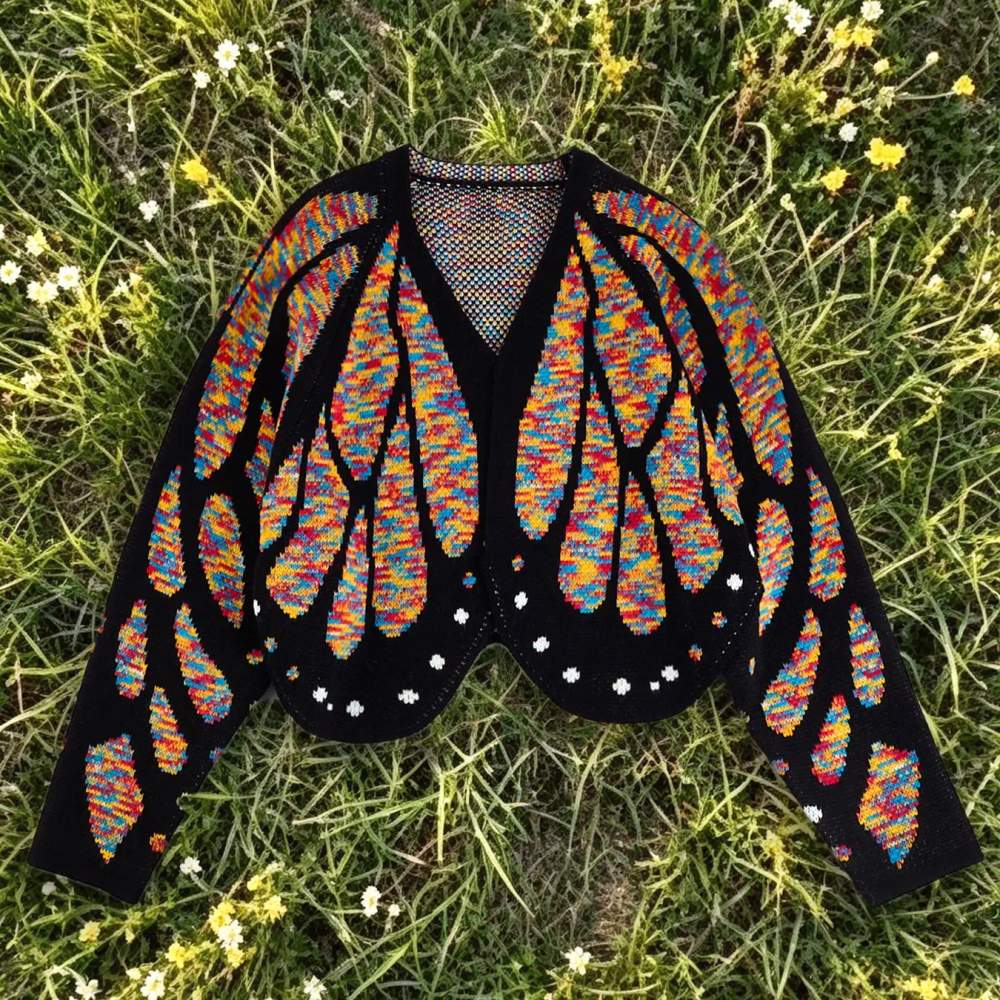 The rainbow mixed-colour version of the butterfly wing cardigan laid flat