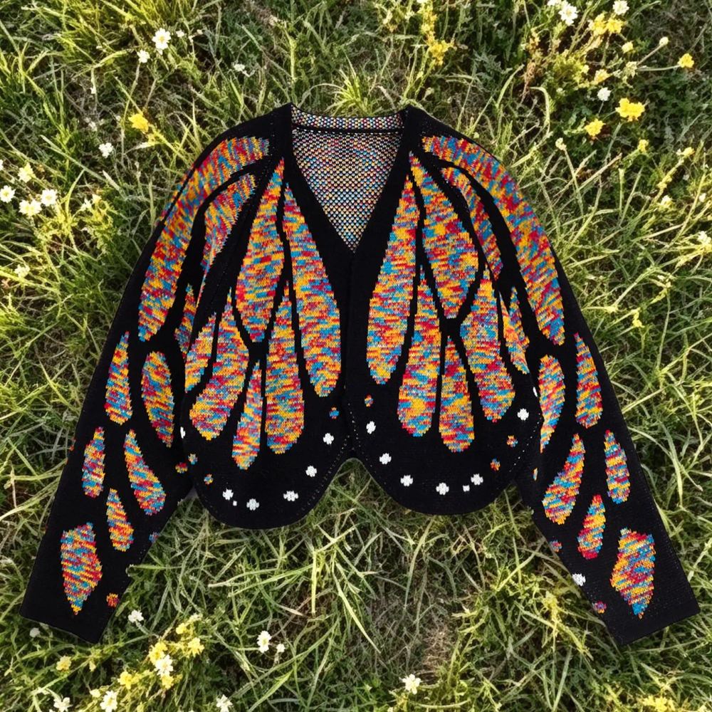 The rainbow mixed-colour version of the butterfly wing cardigan laid flat