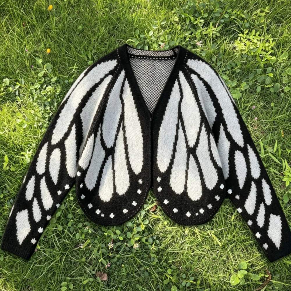 Close view of the white butterfly wing cardigan showing the scalloped hem