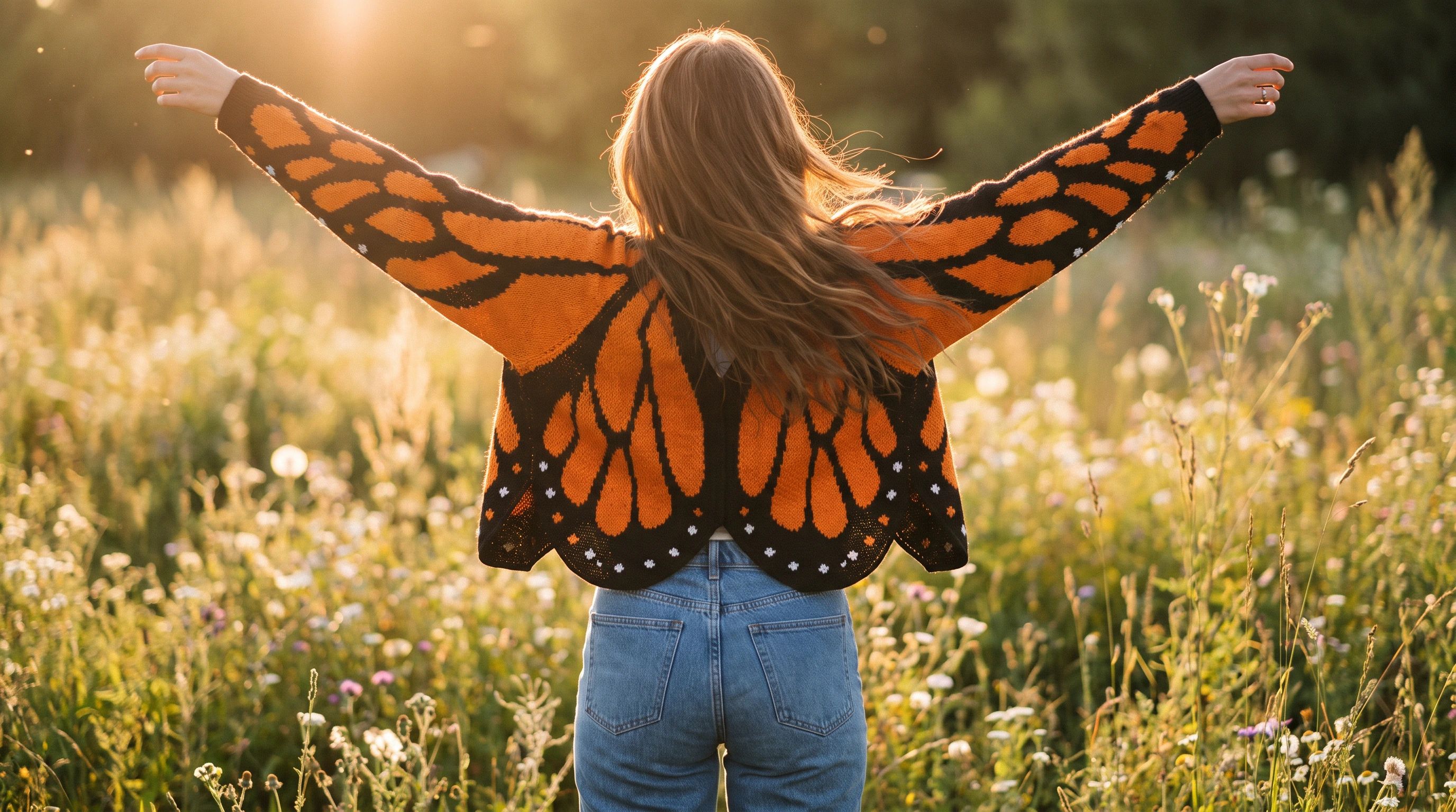 A woman in a meadow wearing the monarch butterfly wing cardigan, arms spread