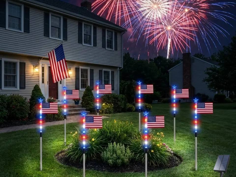 American flag solar lights glowing around a garden bed at dusk