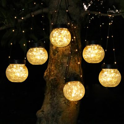 Solar lanterns glowing in a tree at night