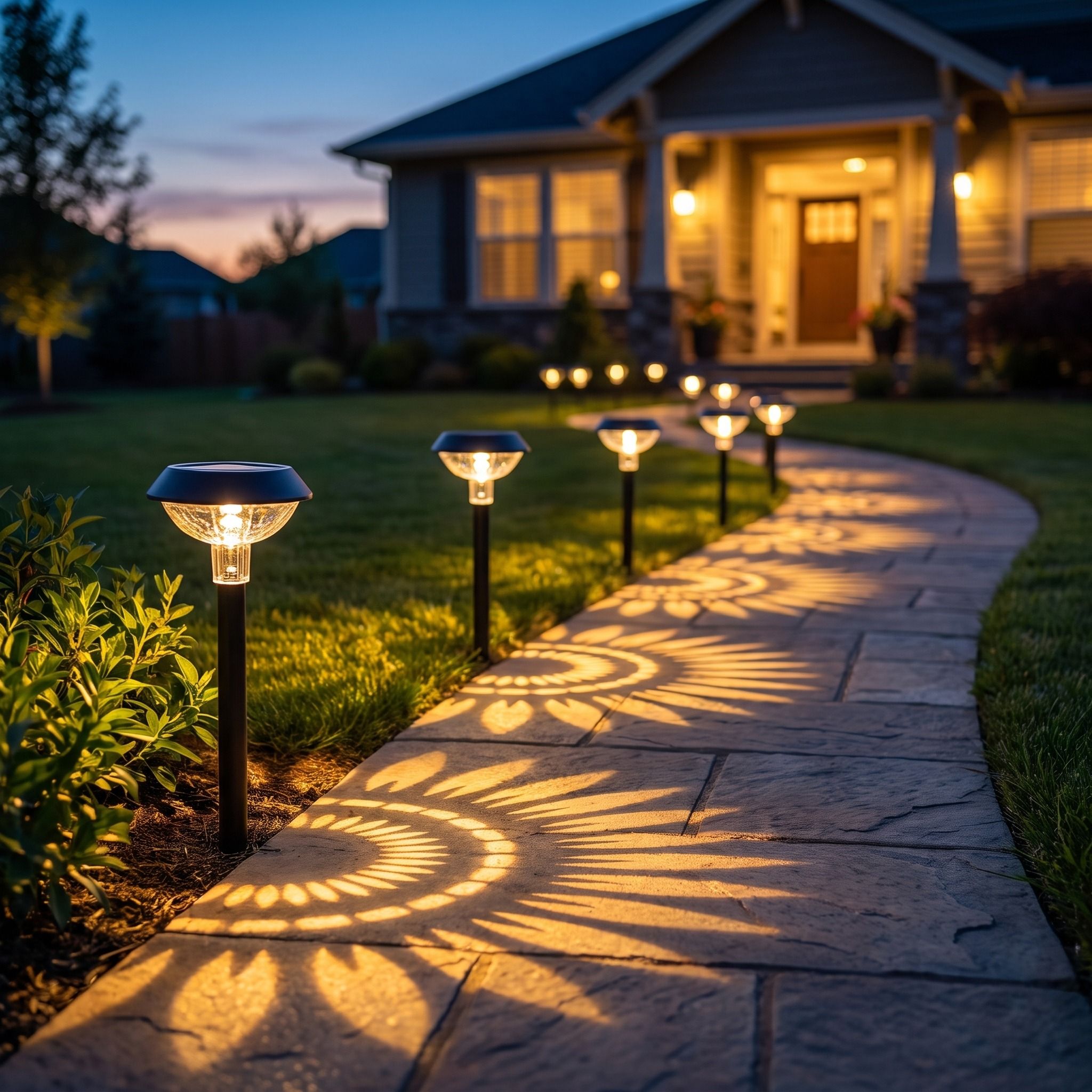 Warm white sunburst light patterns lining a stone walkway up to a lit house