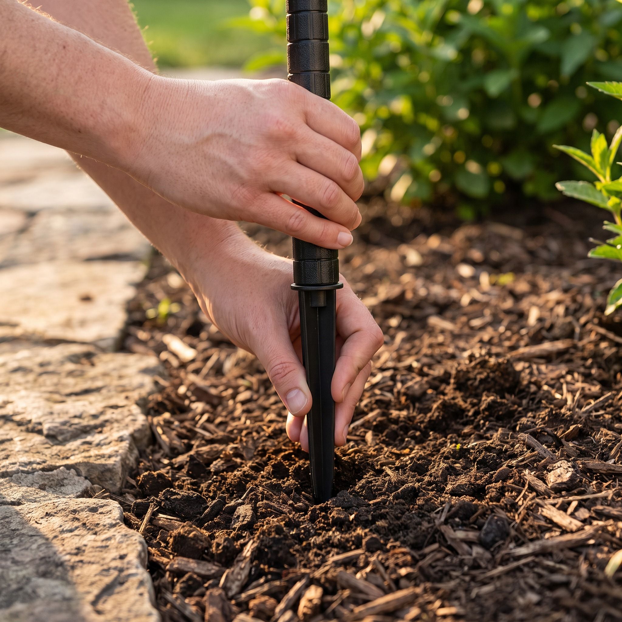 Pointed ground stake being pushed into garden soil beside a stone path