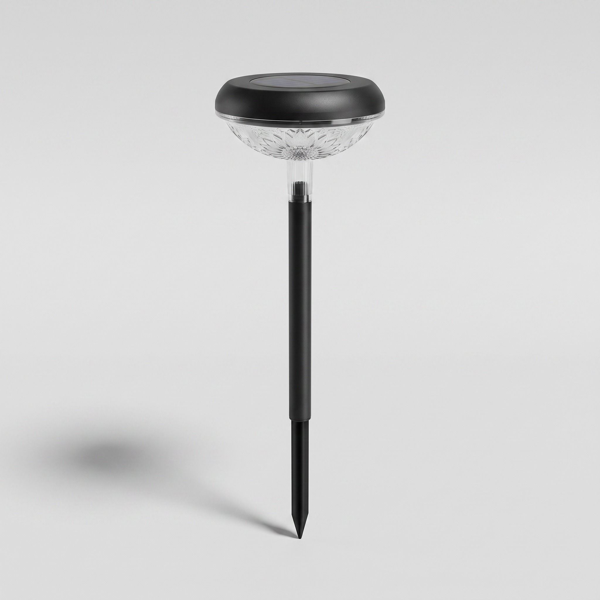 Single Bloom Path solar pathway light with sunflower-pattern lens and ground stake