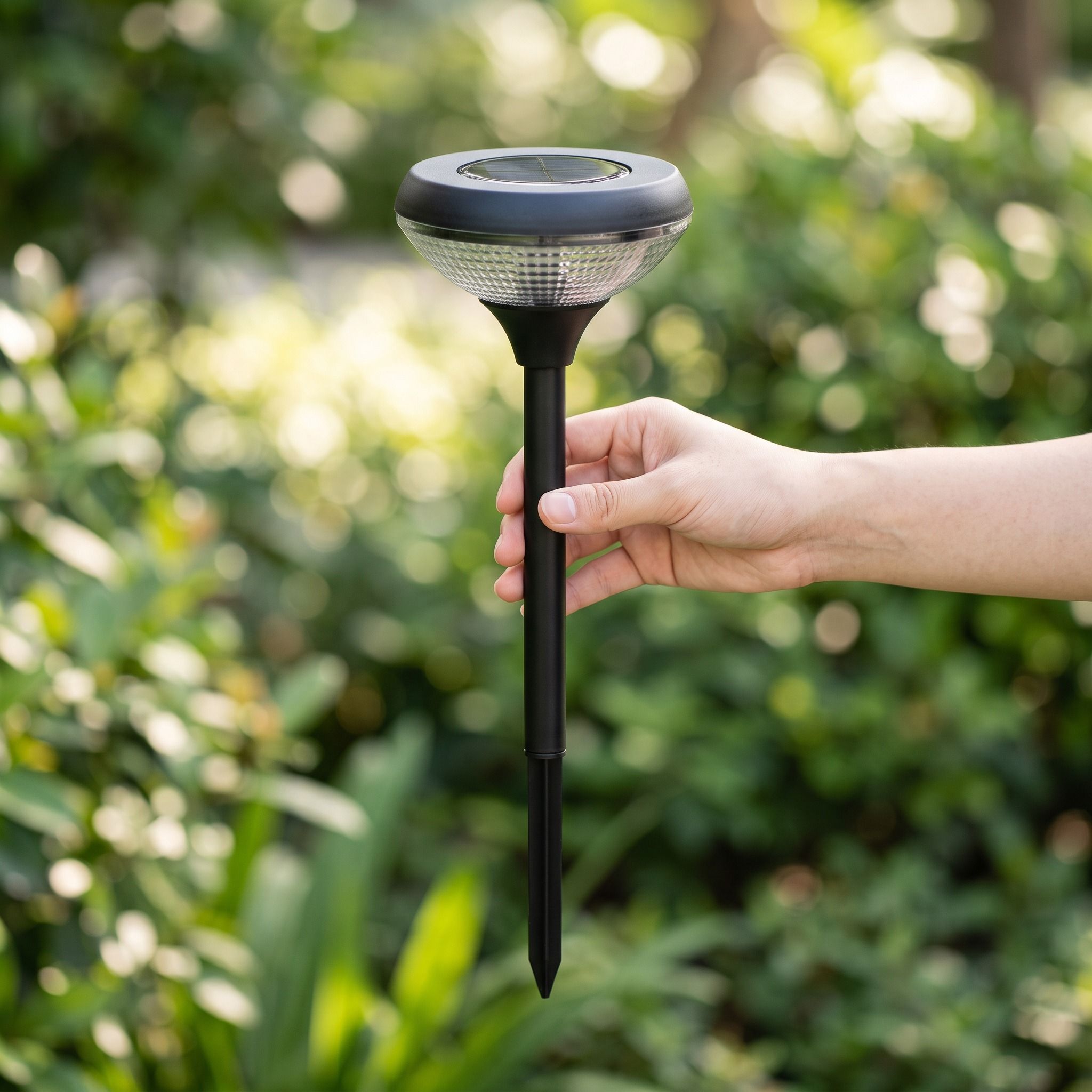 Hand holding one solar pathway light to show its actual size