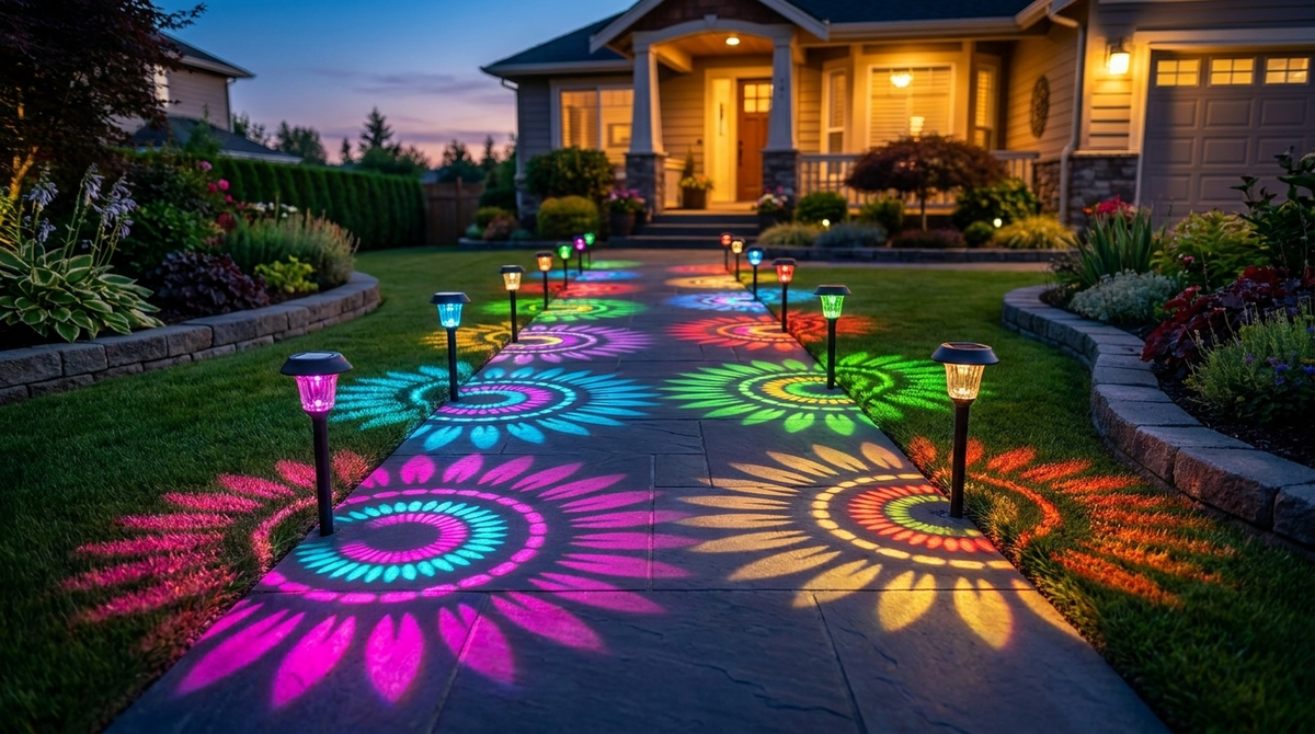 Pathway lights casting a full-color sunburst light show at dusk