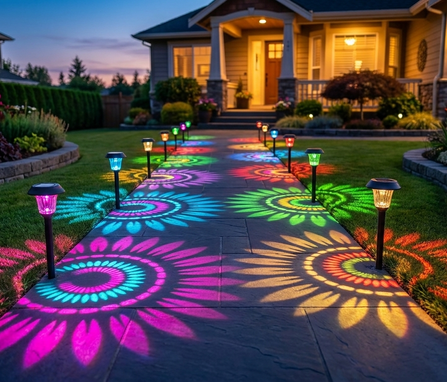 Solar pathway lights casting glowing rainbow sunburst patterns along a garden walkway at dusk