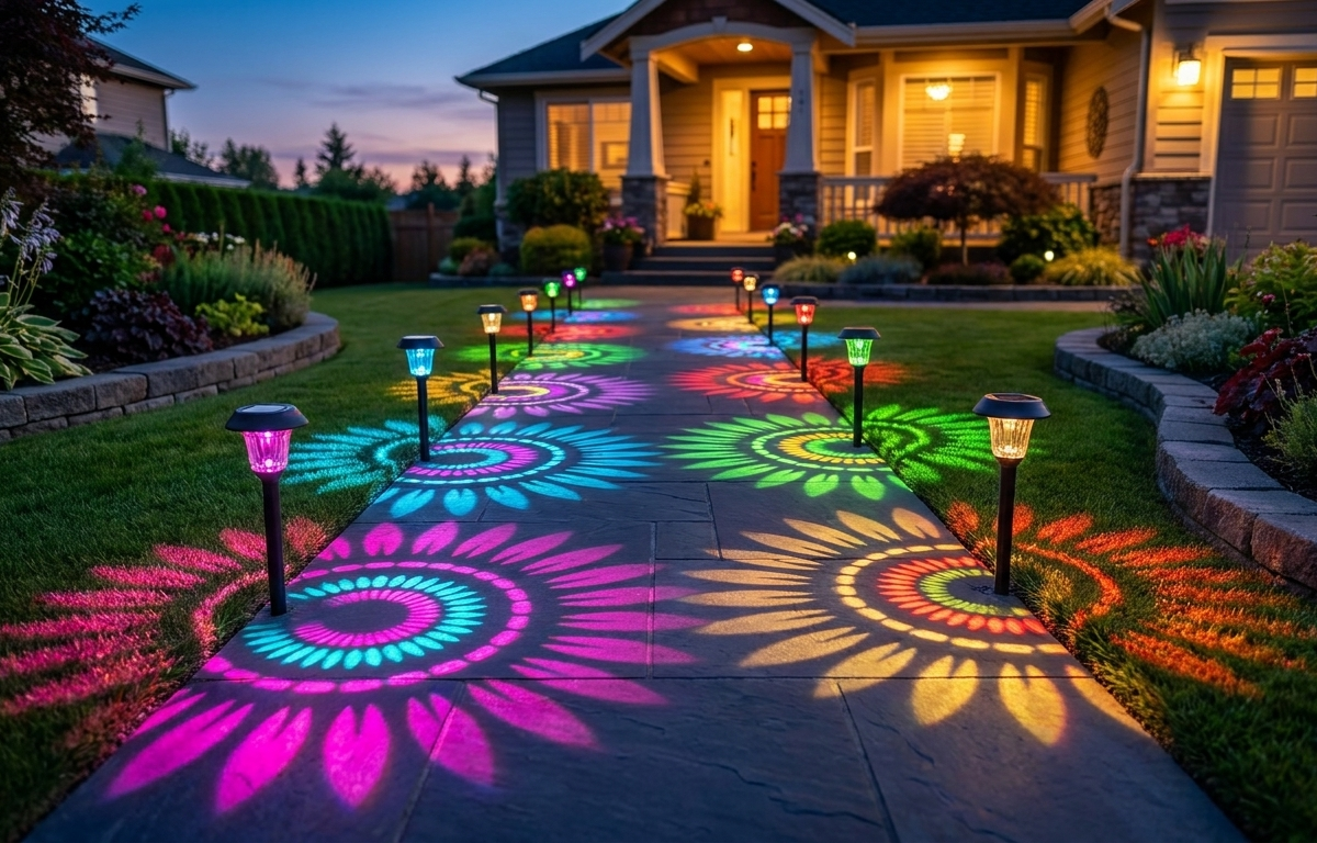 Pathway lights casting a full-color sunburst light show at dusk