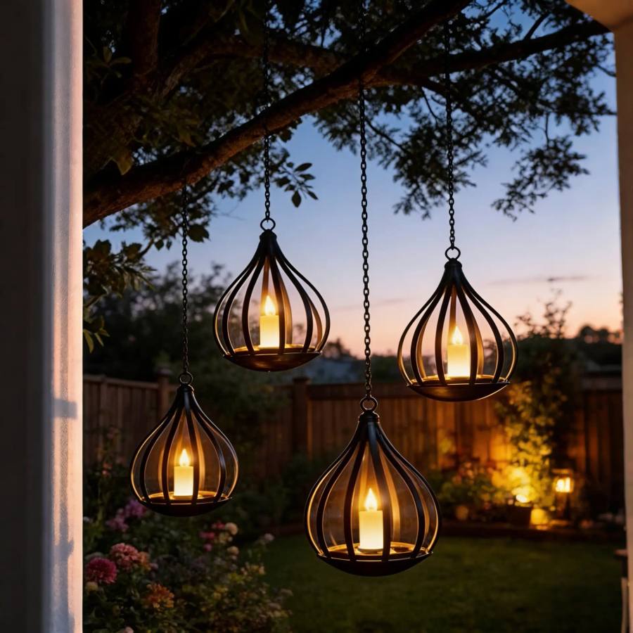 Several water drop lanterns glowing in a backyard at dusk