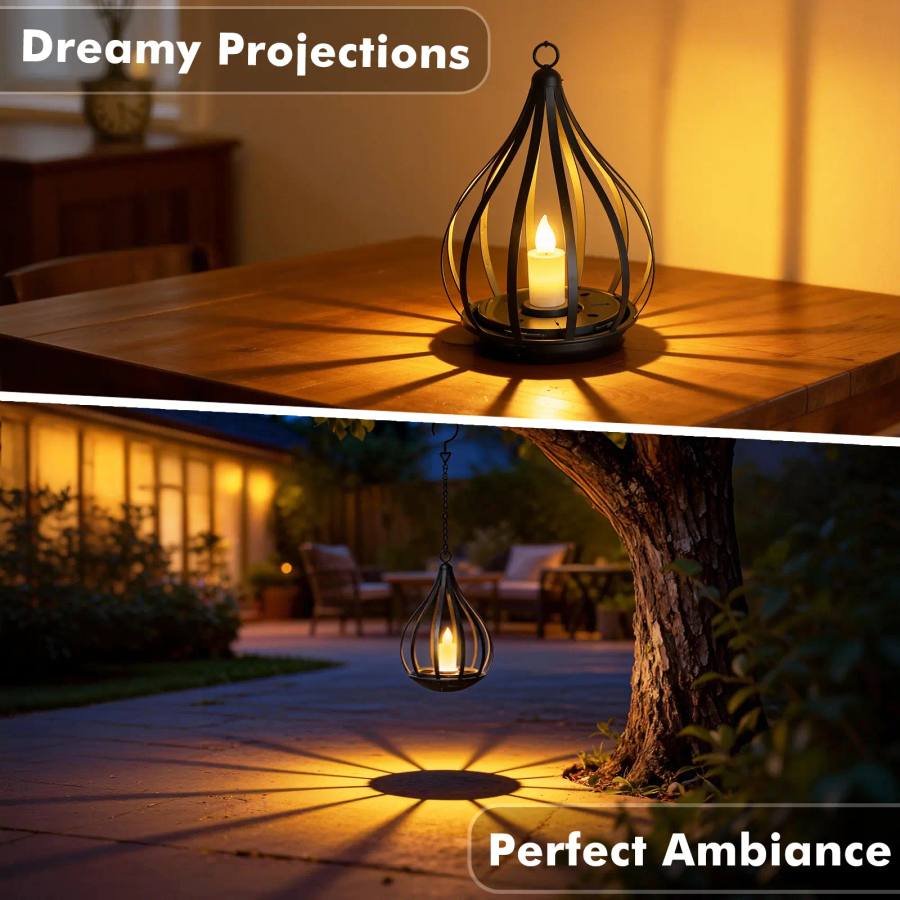 Water drop lantern hanging from a shepherd hook on a patio