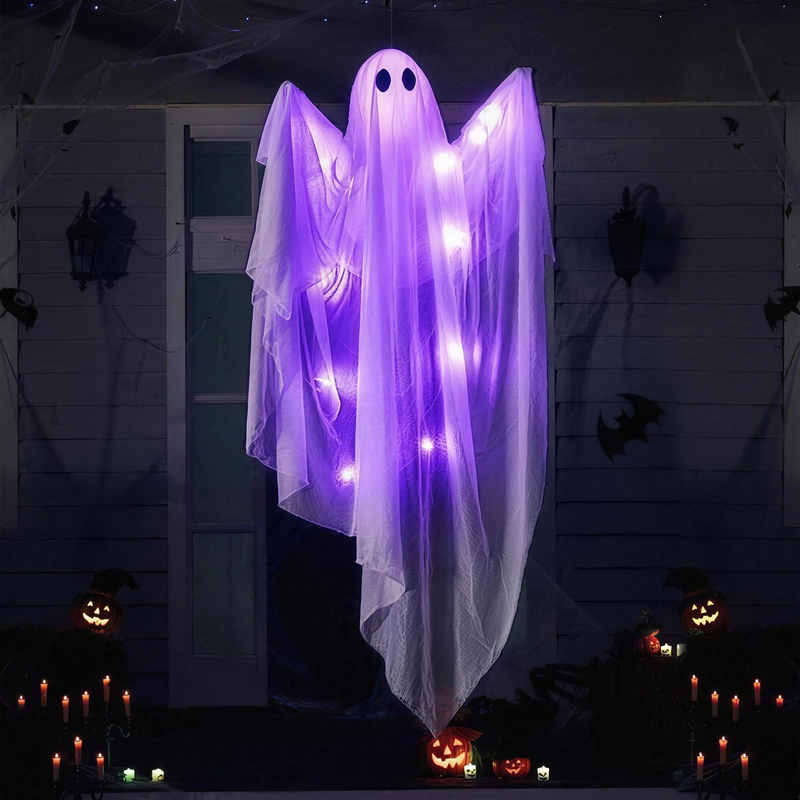 47-inch hanging light-up ghost glowing purple on a Halloween porch