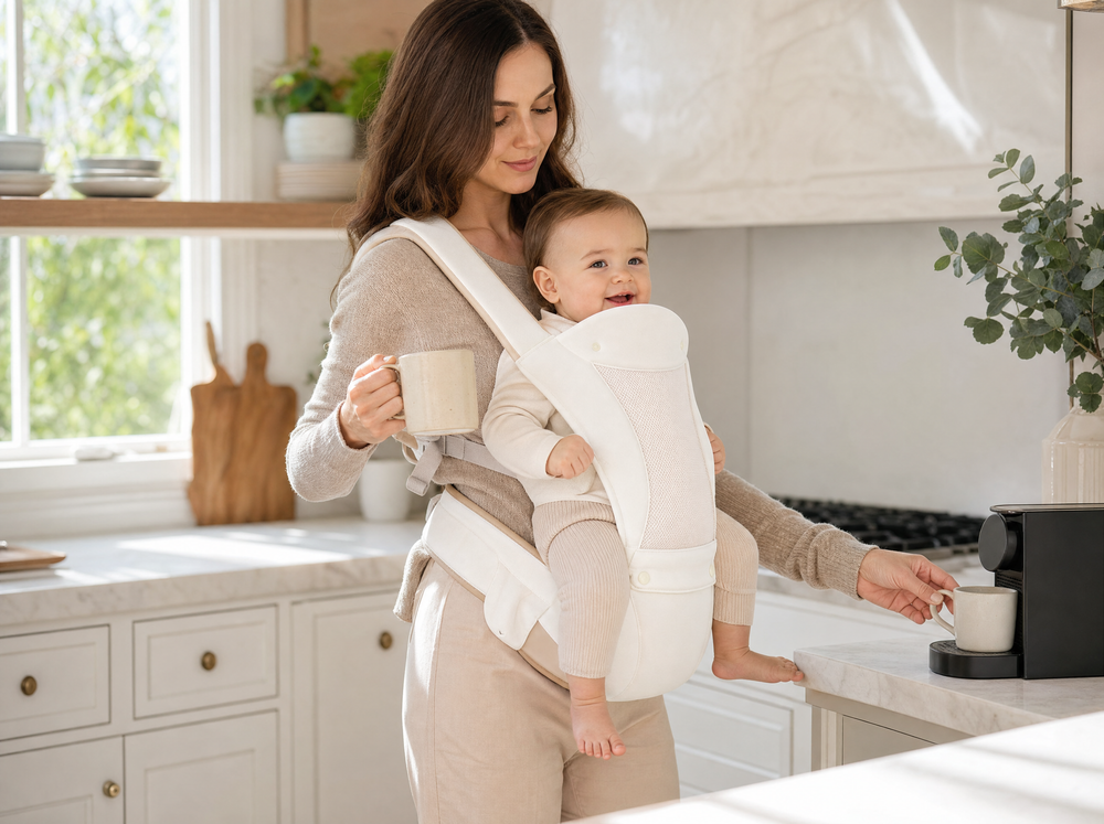 Parent holding baby supported by the soft air-material hip seat