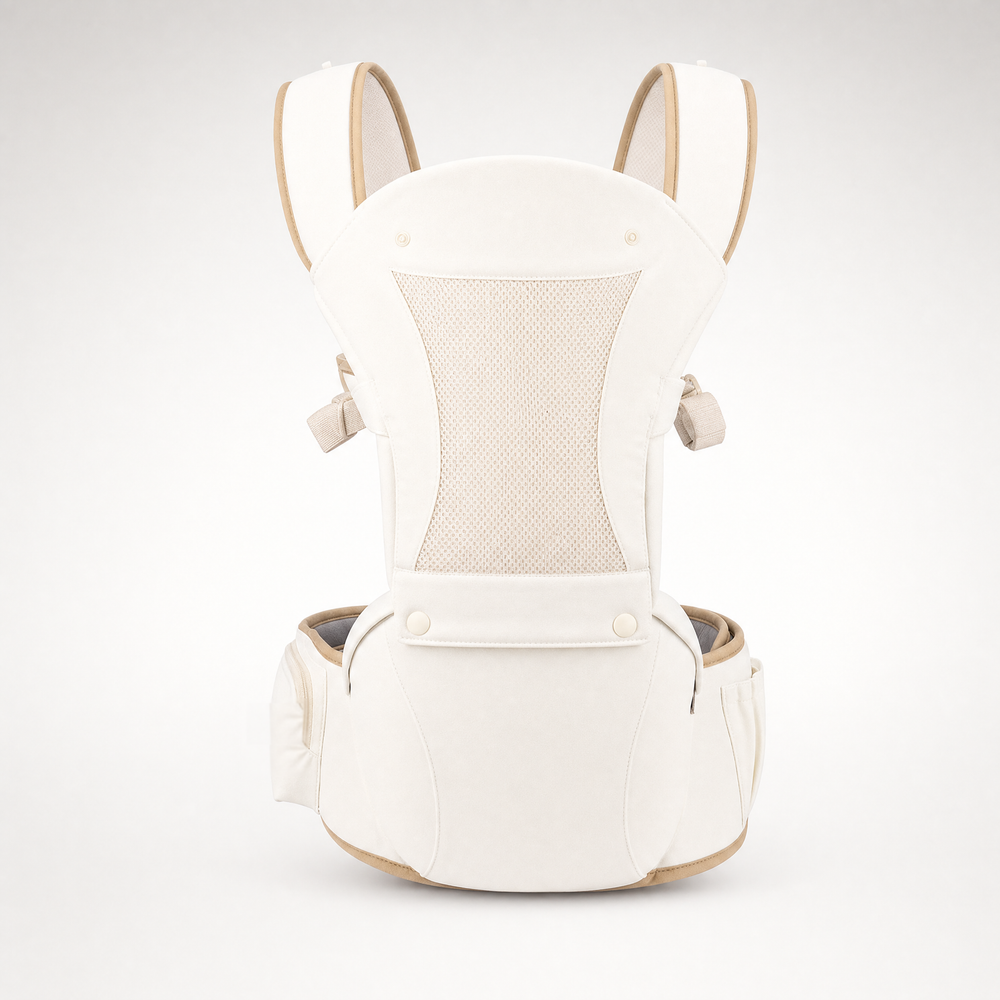 Snug Baby Carrier in ivory white with ergonomic hip seat and breathable air-mesh panel