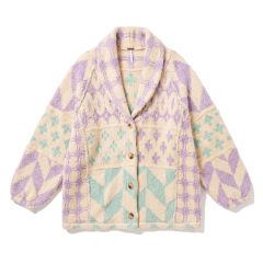 Y2K Graphic Cardigan flat lay in lilac and mint