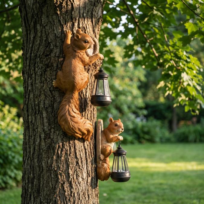 Hand-painted resin squirrel mounted on a tree trunk in daylight